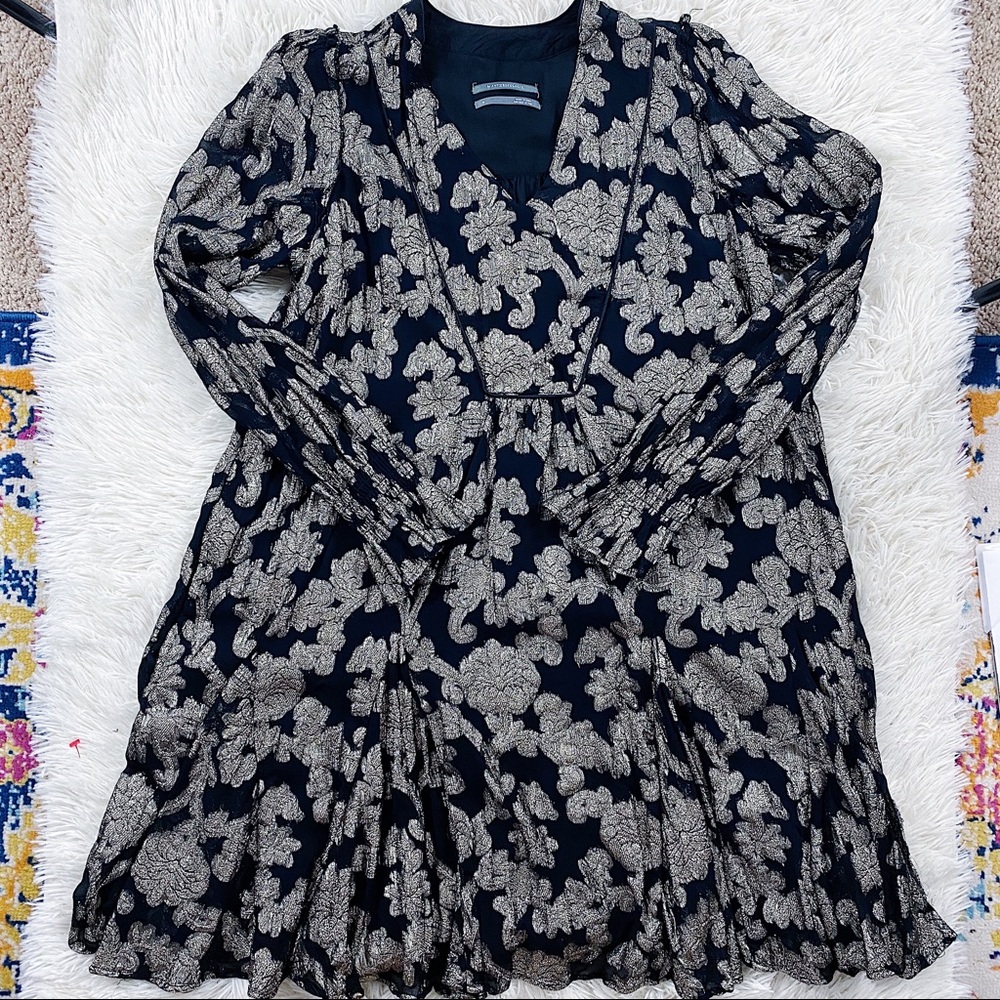 Anthropologie Gold Metallic Floral Cocktail Dress
